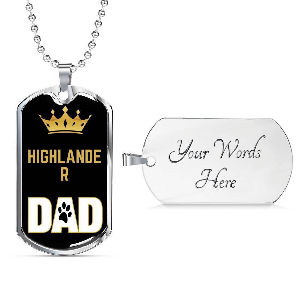 Highlander Cat Dad Necklace Stainless Steel or 18k Gold Dog Tag 24" Chain